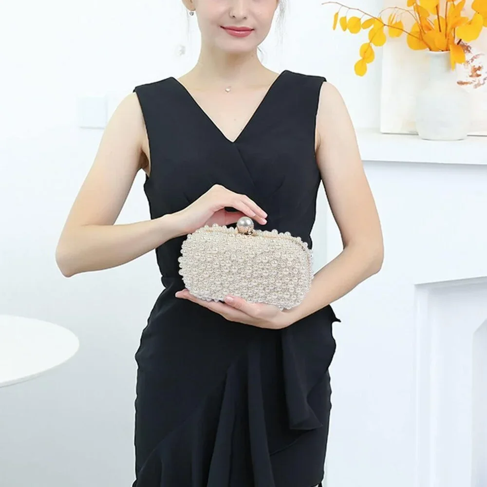 Women's Pearl Beaded Evening Clutch Bag Compact Bridal Prom Party Purse